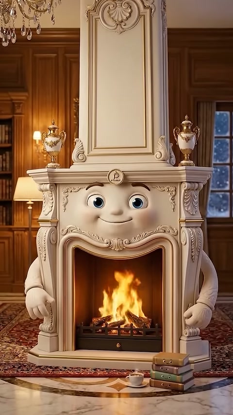 Detailed fireplace positioned in salon with bookshelf and chandelier