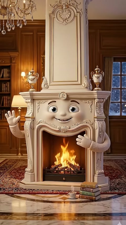 Light-toned decorative fireplace in spacious room being presented with hand gestures