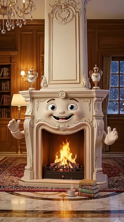 Embossed decorated fireplace displayed with both arms raised