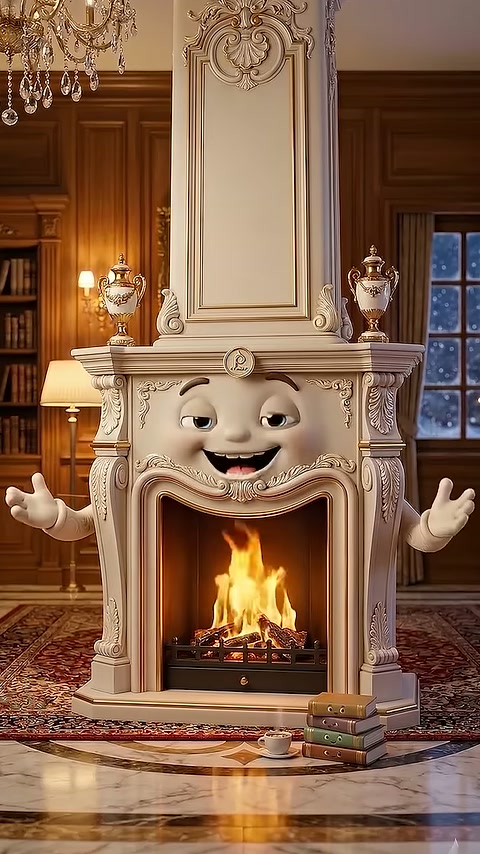 Burning firebox classic fireplace completing the room with cheerful expression
