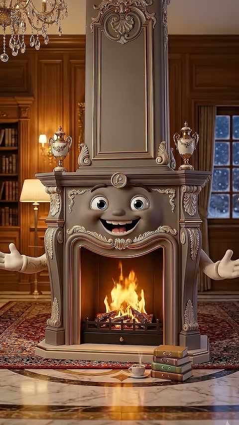 Fireplace transitioning to dark tone standing out in wood-paneled space