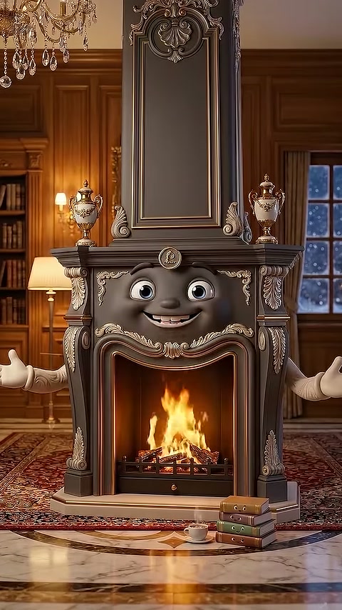 Anthracite-colored ornate fireplace showcased in wide room layout