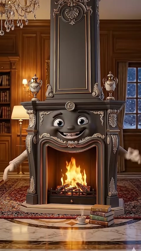 Dark decorative fireplace with high panel and curved motifs visible