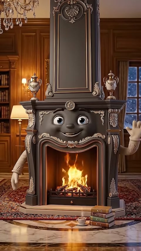 Anthracite fireplace frame presented with burning fire and books nearby