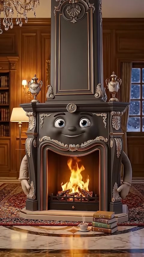 Dark-colored fireplace with symmetrical embossed details in classic living room