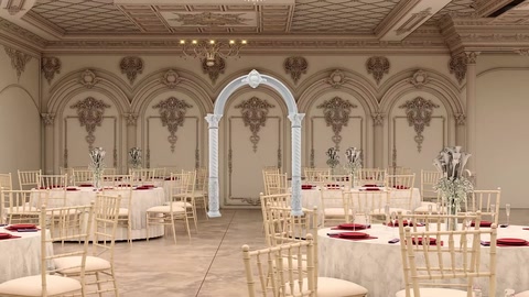La sala ricevimenti nel suo insieme, con pareti ad arco e soffitto decorato