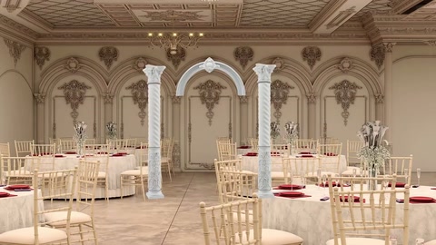 In una sala matrimoni classica sono visibili pareti con archi, colonne e un soffitto ornamentale