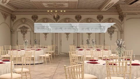 Un profilo orizzontale in poliuretano lavorato viene mostrato sullo sfondo di una sala matrimoni
