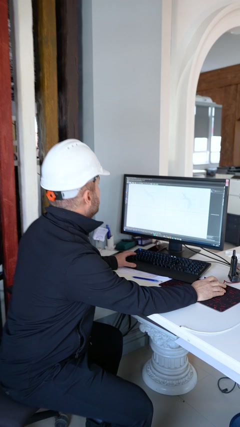 Tasarımcı bilgisayar başında gizli LED profili üzerinde çalışmaya başlıyor