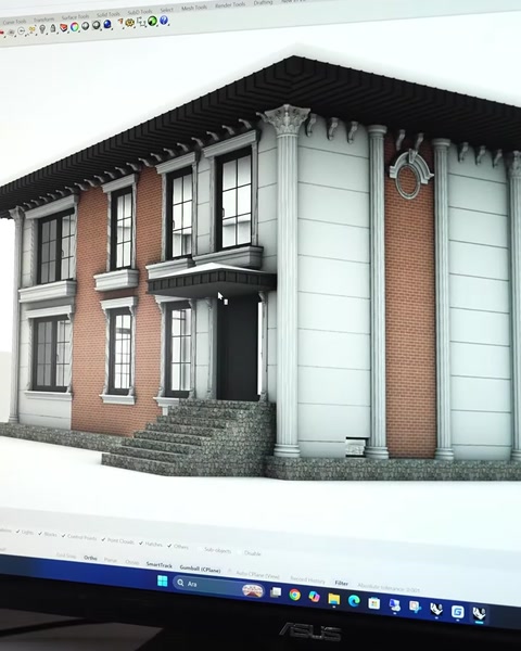 Il progetto renderizzato della villa mostra modanature e finestre decorative esterne