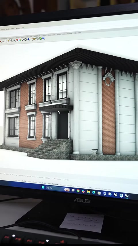 Il progetto renderizzato della villa mostra modanature e finestre decorative esterne
