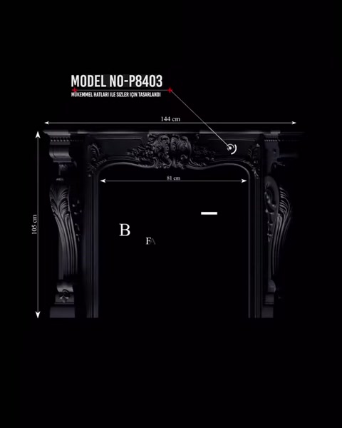 Polyurethane decorative fireplace model adorned with classic motifs and shown with dimensions