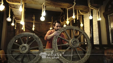 Decorative wheels in various sizes are shown alongside wood-textured beams.