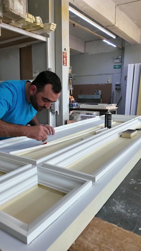Un artigiano assembla diverse cornici decorative sul banco da lavoro