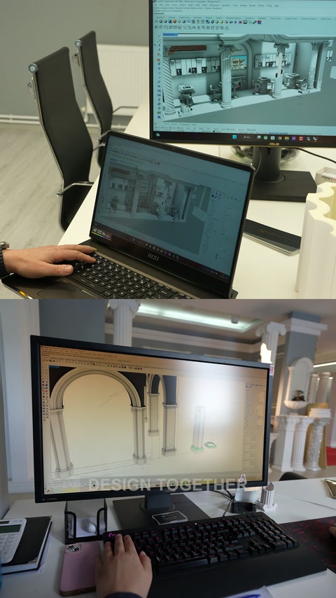 Design workstations displaying column arch and facade compositions on screen