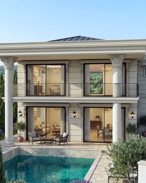 Classical exterior facade features columns, cornices, and layered window surrounds.