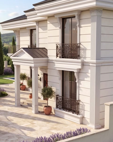 Large white columns and facade trims frame a luxurious poolside residence.