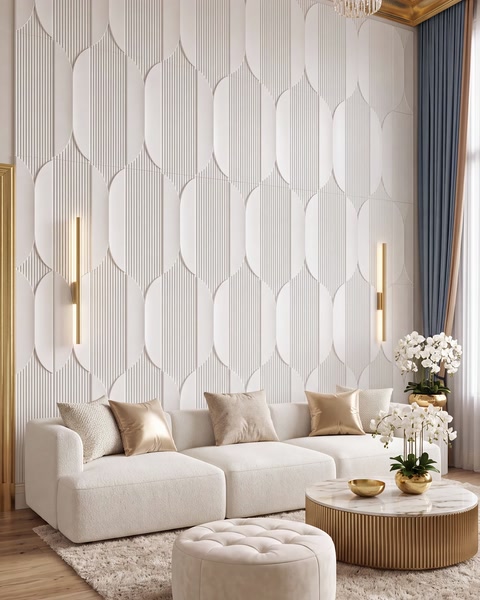 Fluted three-dimensional wall panels create texture behind a refined seating area.