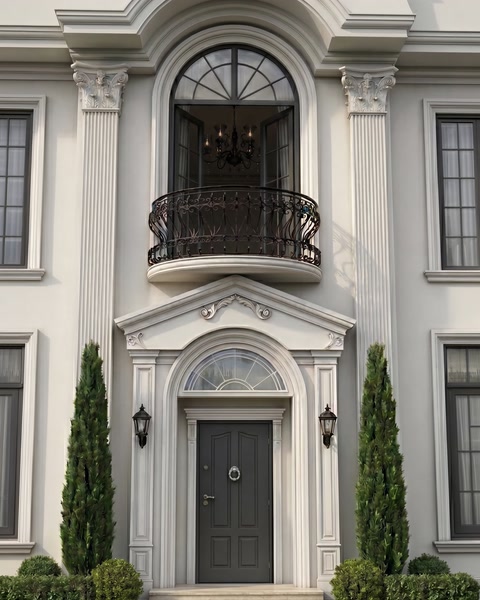 Tall pilasters and an arched doorway create a formal residential entrance.