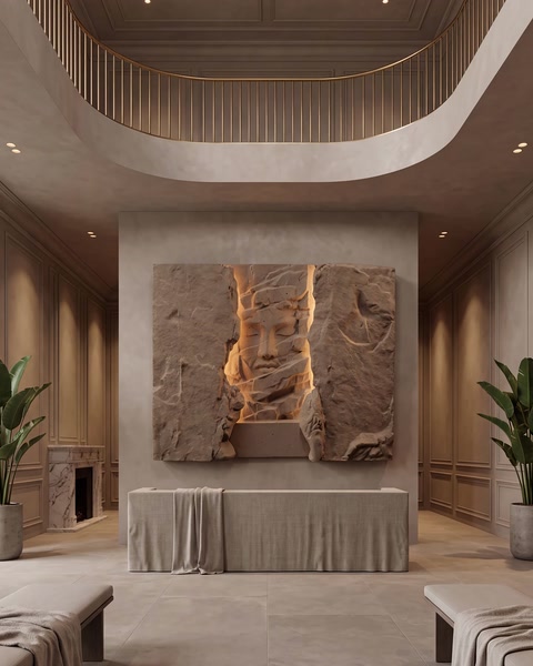 Curved ceiling trim and a sculptural wall feature enrich this interior.