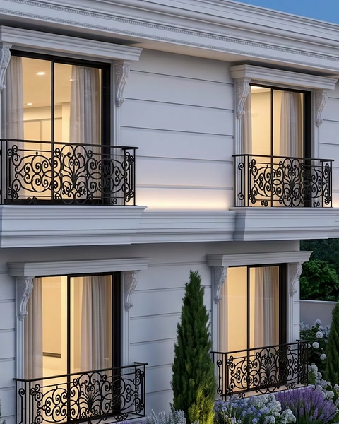 Exterior window surrounds and balcony details add character to the facade.