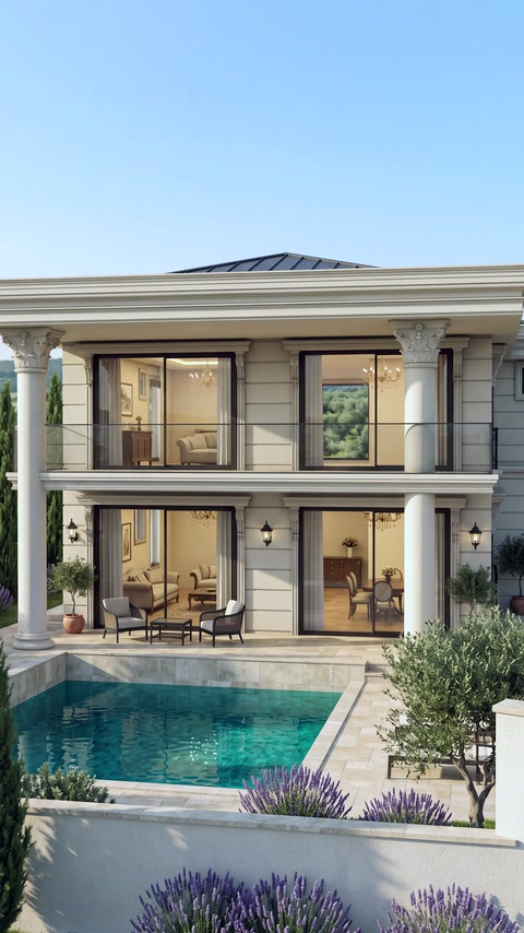 Classical exterior facade features columns, cornices, and layered window surrounds.