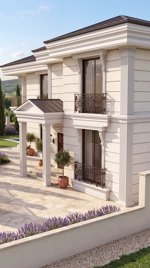 Large white columns and facade trims frame a luxurious poolside residence.