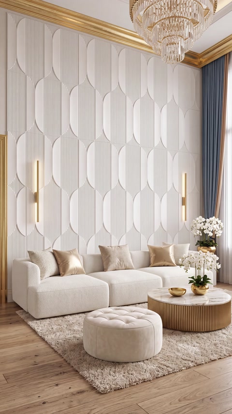 Fluted three-dimensional wall panels create texture behind a refined seating area.