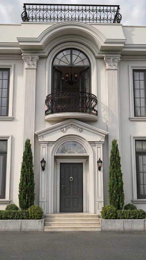 Tall pilasters and an arched doorway create a formal residential entrance.