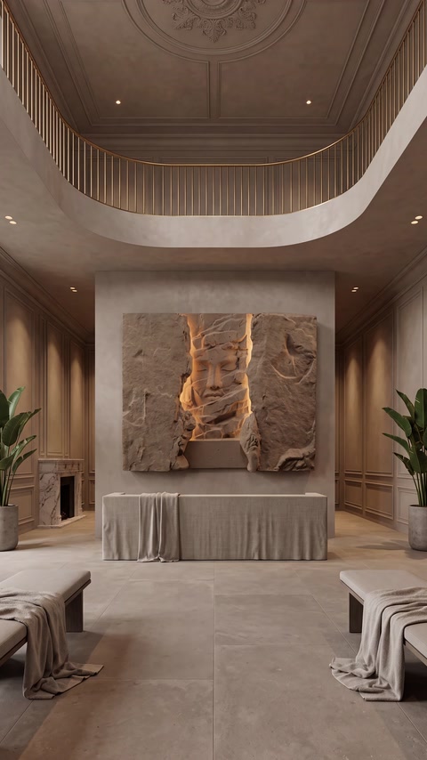 Curved ceiling trim and a sculptural wall feature enrich this interior.