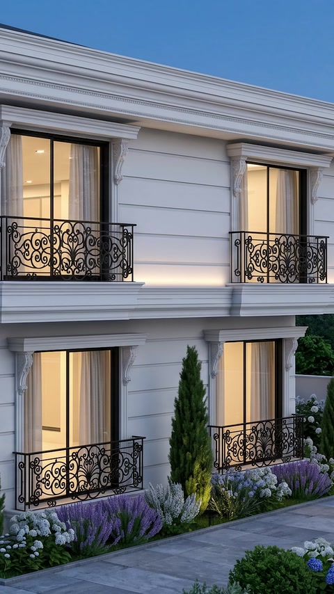 Exterior window surrounds and balcony details add character to the facade.