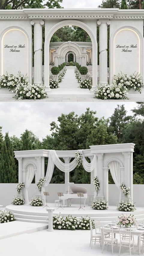 A floral wedding backdrop uses layered arches, columns, and flowing swags.