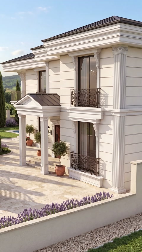 Layered cornices, columns, and pediments finish a classical two-story residence.