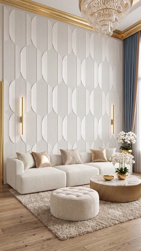 Installed geometric wall panels form a sculptural backdrop in the lounge.