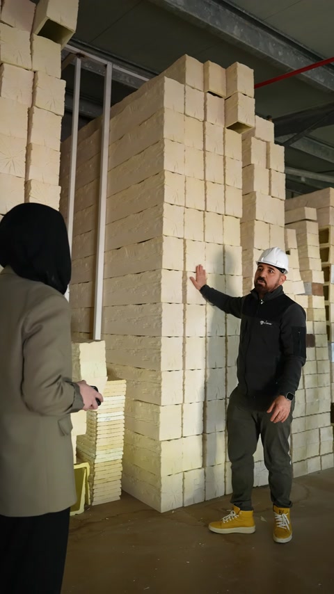 Blocchi di produzione chiari sono impilati nell'area della fabbrica