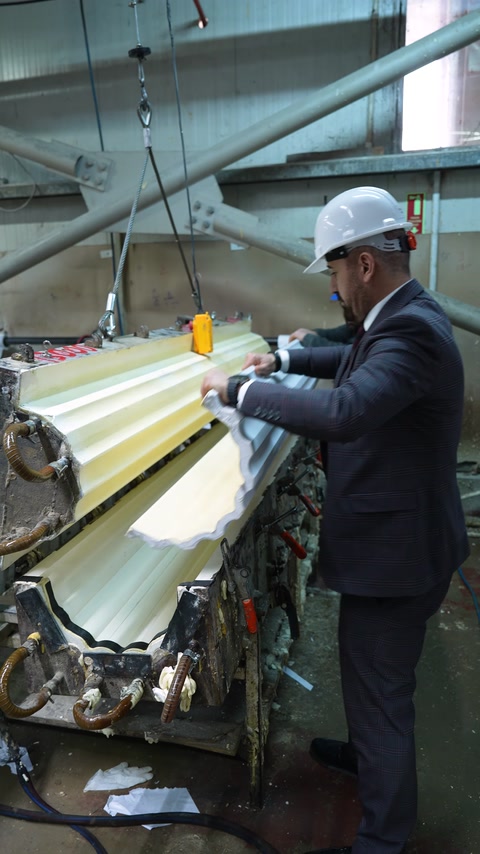 Un lavoratore lavora un lungo profilo decorativo su una macchina di produzione