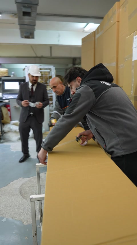 I lavoratori preparano una grande scatola di cartone per la spedizione