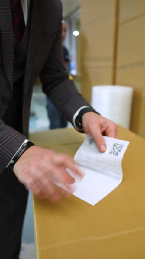 Un'etichetta di spedizione viene applicata con cura al pacco preparato