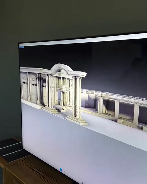Un ingresso ad arco, colonne decorative e sezioni laterali sono mostrati in prospettiva