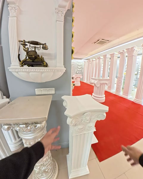 Vintage telephone display beside ornate column capital
