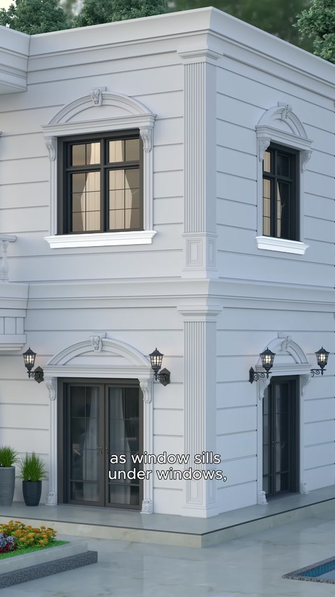 Cornices surrounding the windows and window sills on a classical facade