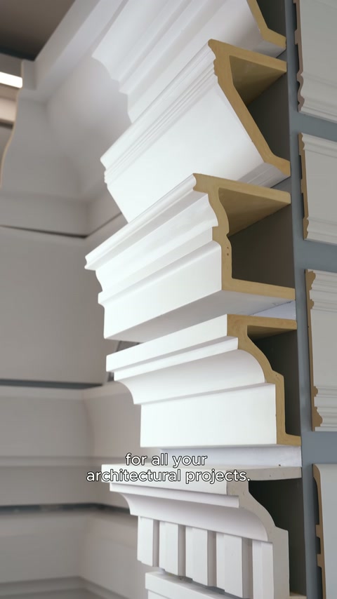 Video shows different profile sections used in polyurethane door and window surround manufacturing.