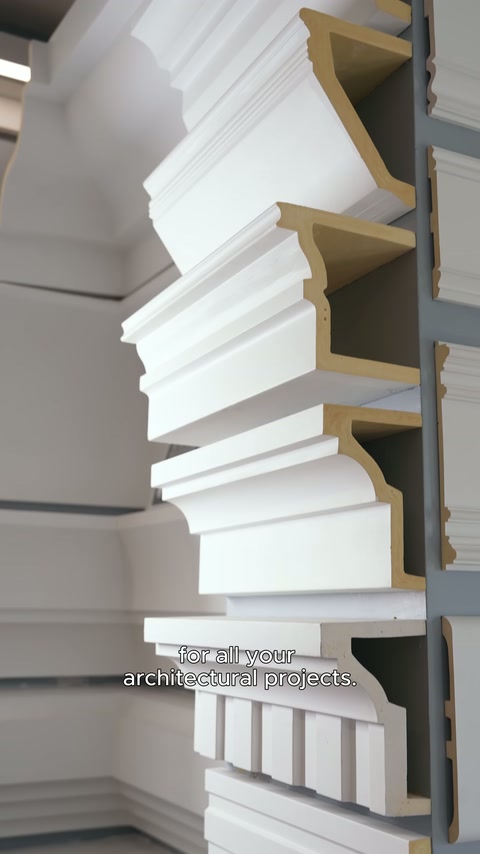 Close-up view of white decorative surrounds with stepped details arranged in rows.