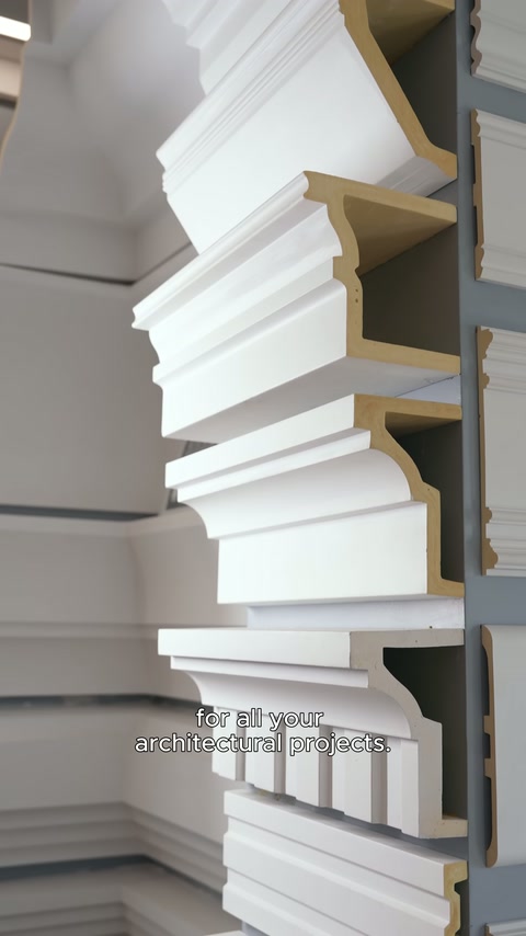 Shelves displaying white surround samples in varying thicknesses and projections.