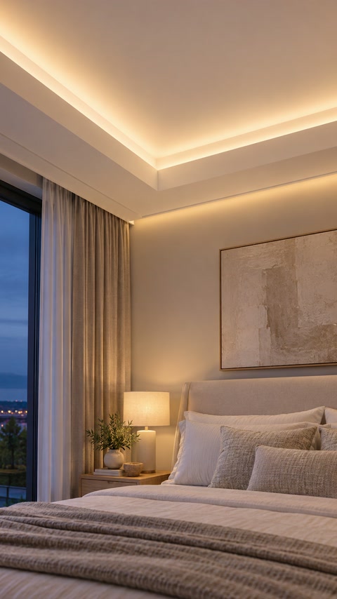 Il soffitto della camera da letto presenta un’illuminazione nascosta calda all’interno di velette stratificate