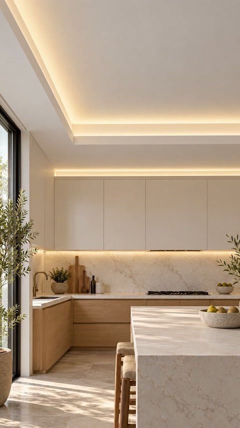 L’interno della cucina mostra un’illuminazione nascosta continua lungo il soffitto