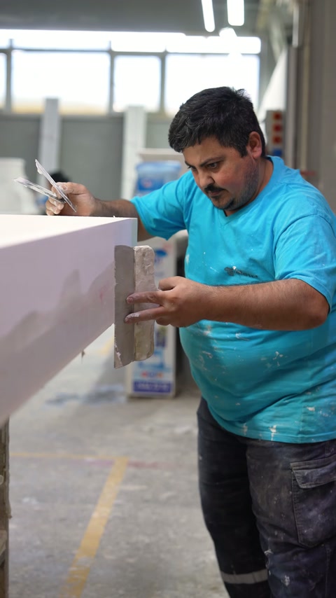 Craftsman smooths the squared edge of a polyurethane frame component.