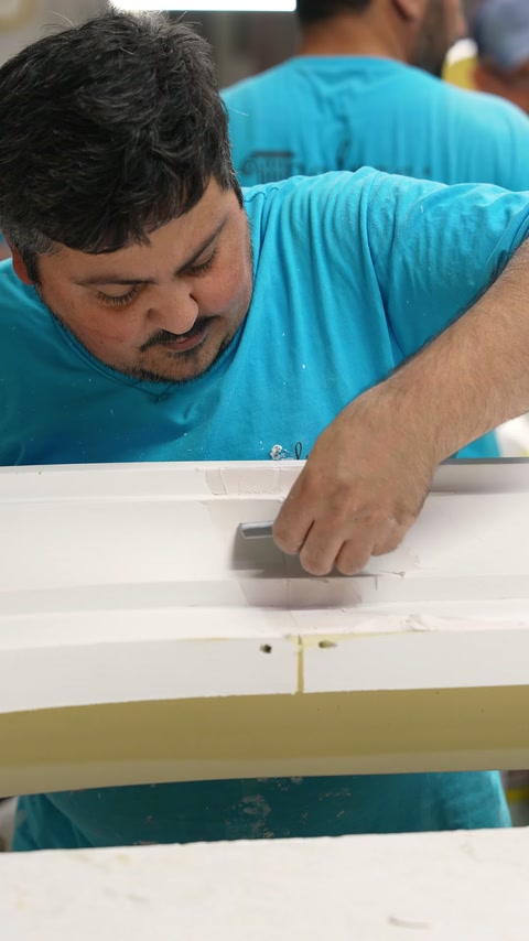 Craftsman aligns adjoining frame sections by hand on the workbench.