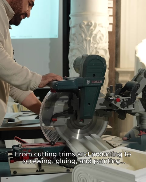 Cutting a polyurethane column piece with a mitre saw