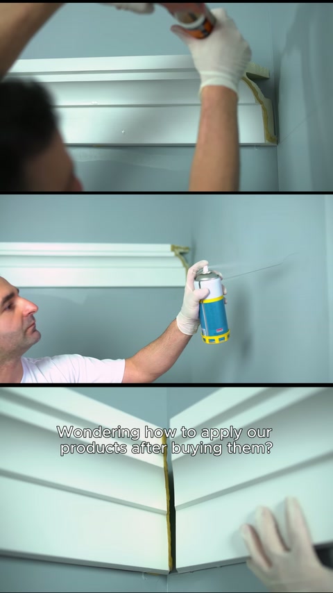 L'applicazione a spruzzo su una modanatura murale e le finiture superficiali sono mostrate da vicino.